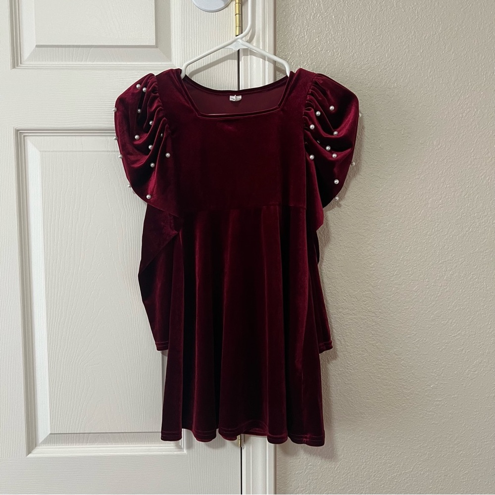 Shein Girls Burgundy Velvet Pearl Puff Sleeve Dress Size 8Y